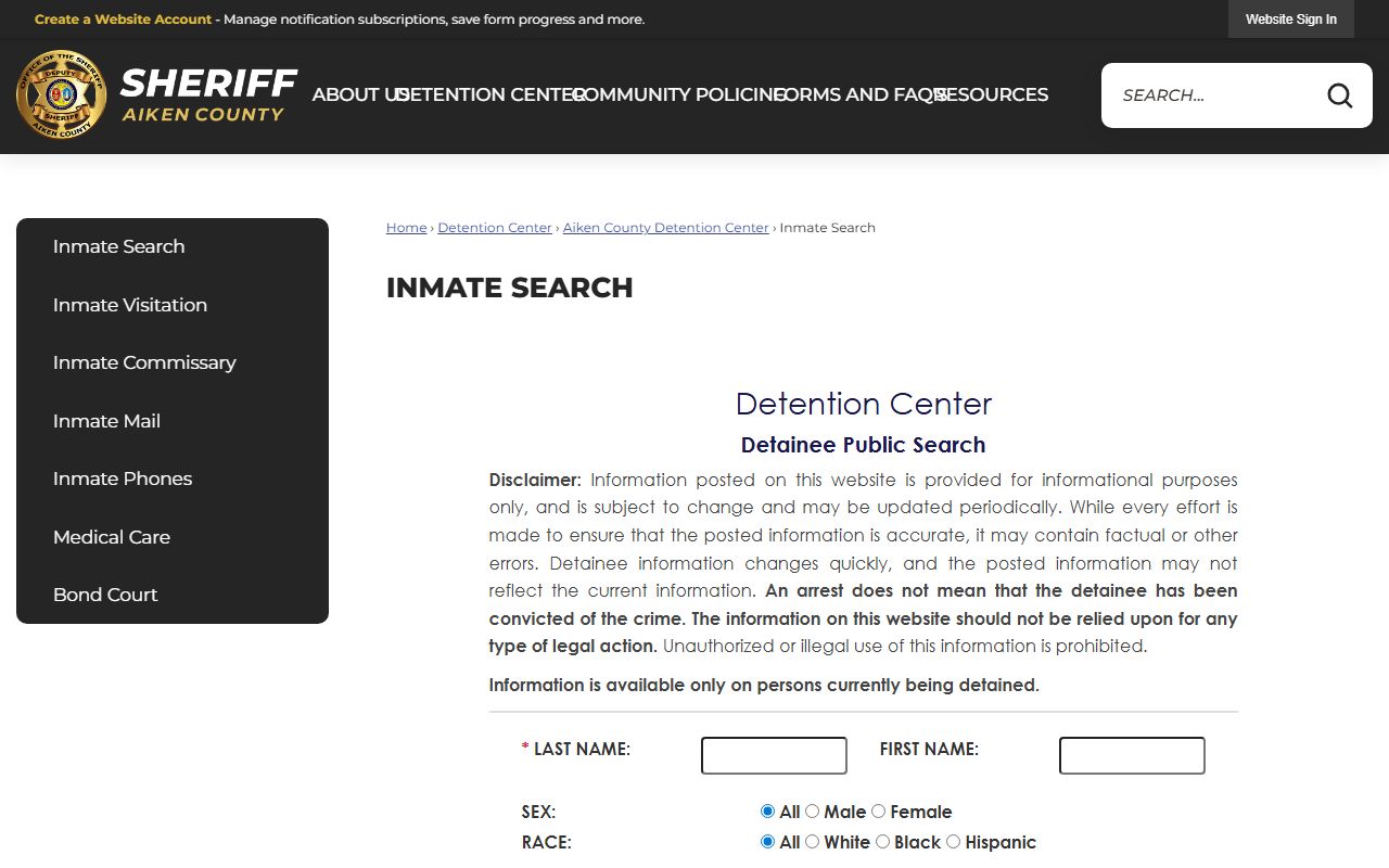 Aiken County Sheriff inmate search tool for looking up booking releases
