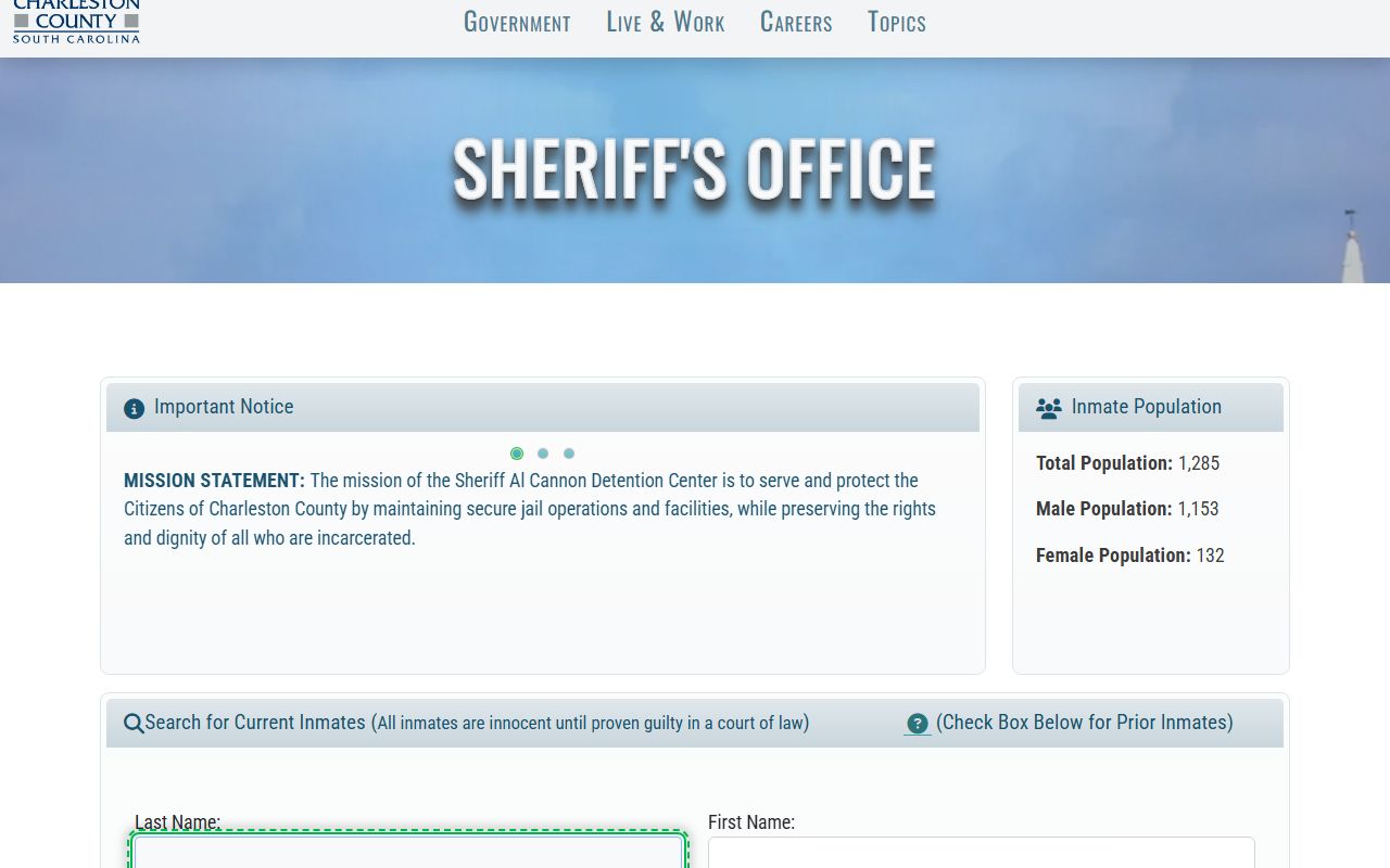 Charleston County inmate search tool for looking up booking releases