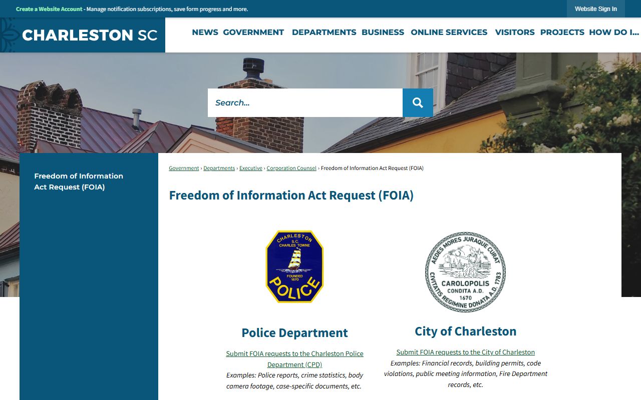City of Charleston FOIA request portal for obtaining booking releases