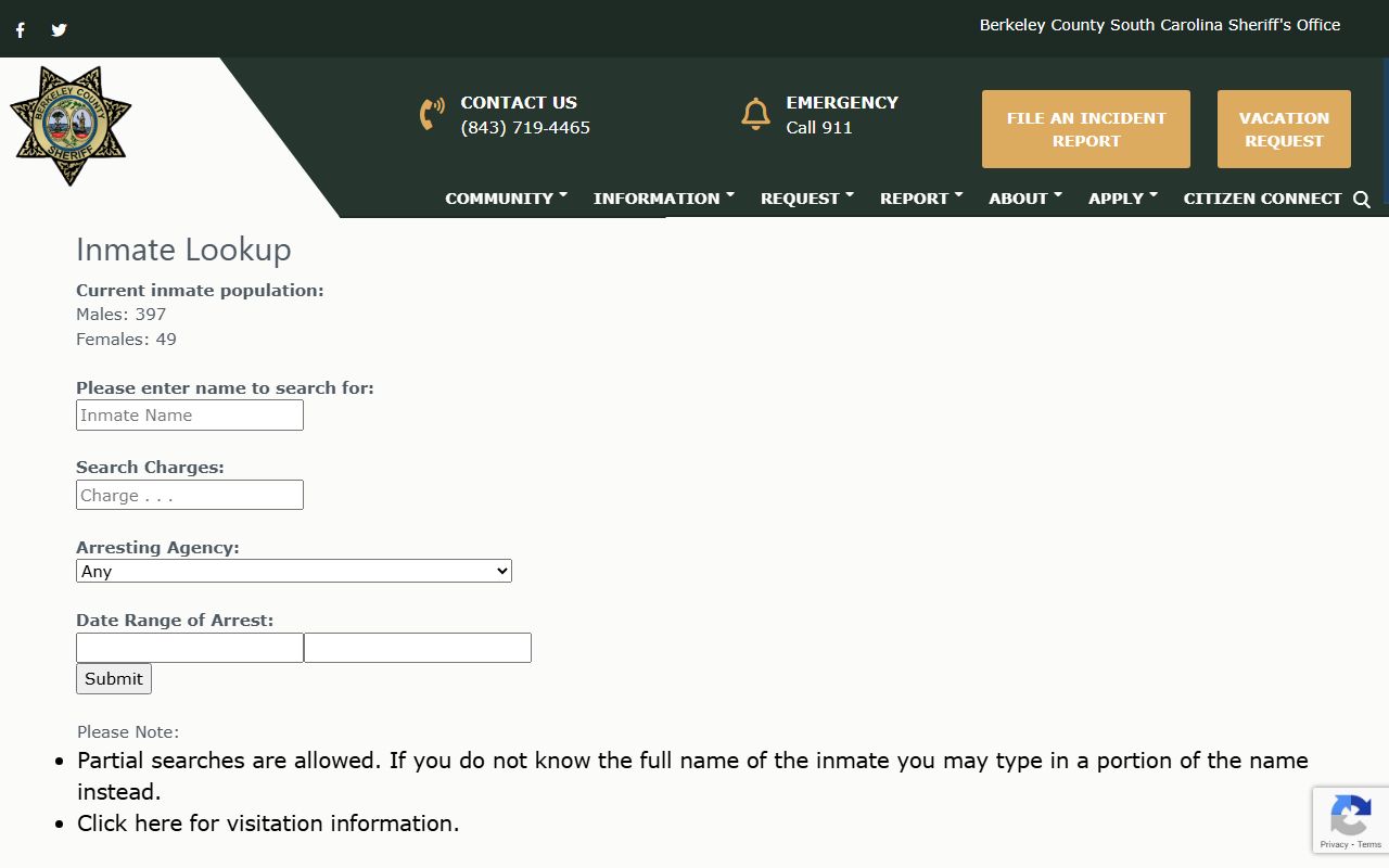 Berkeley County inmate lookup tool for Goose Creek booking releases
