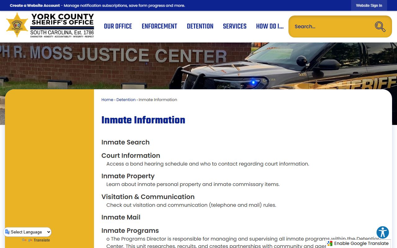York County Sheriff inmate information page for searching Rock Hill booking releases