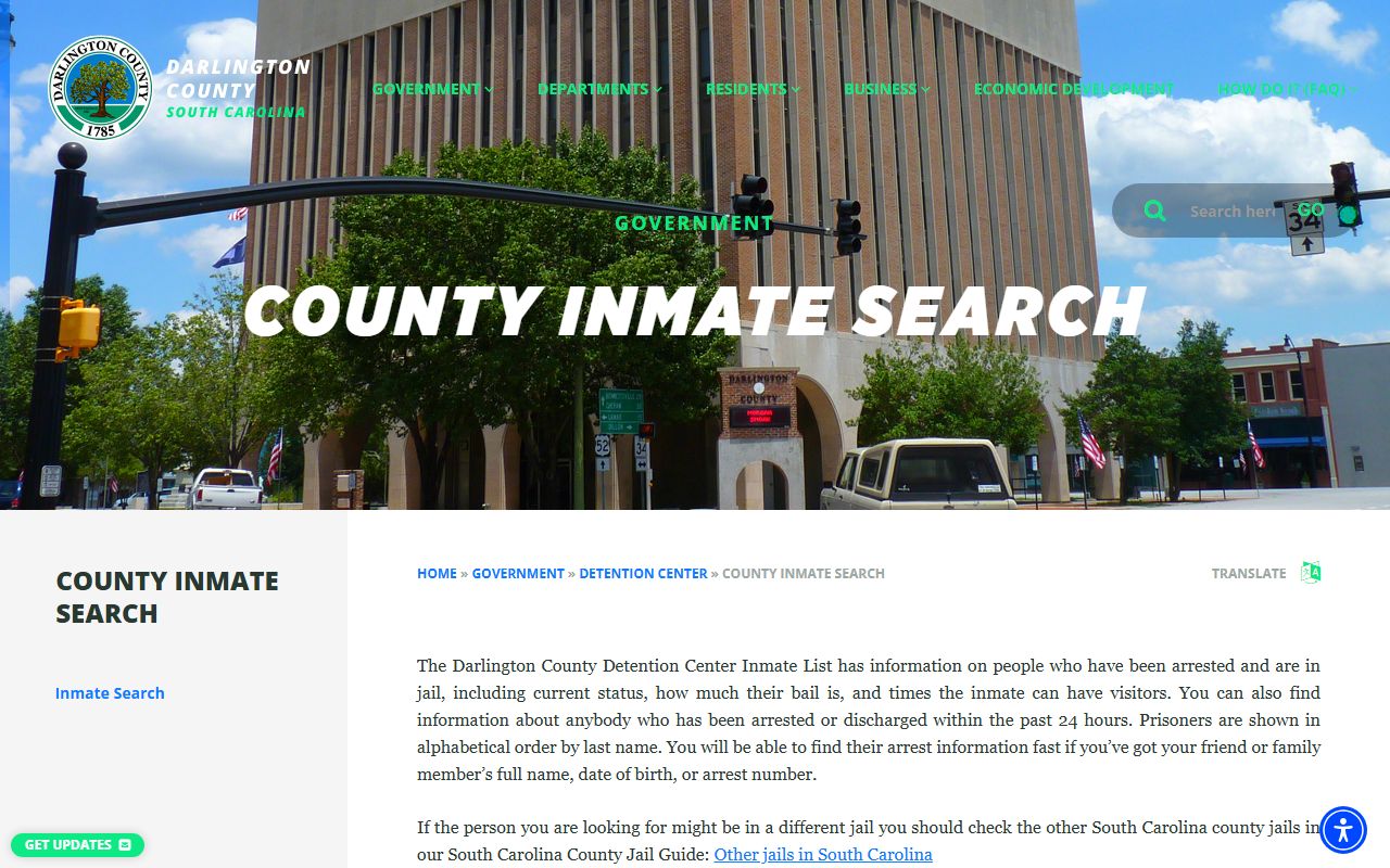 Darlington County inmate search page for booking releases