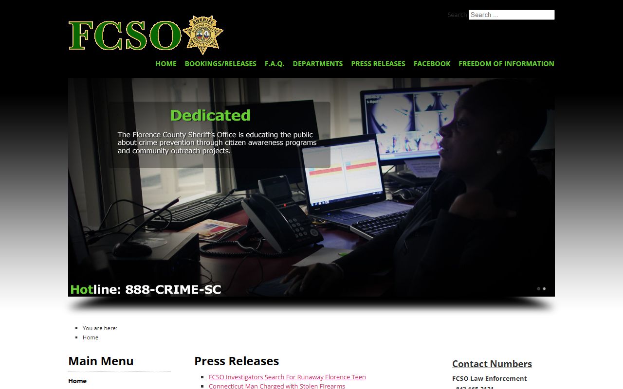 Florence County Sheriff's Office website for booking releases