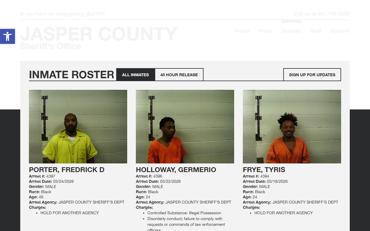 Jasper County inmate roster page showing booking releases data