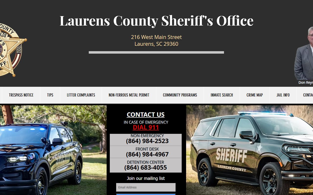 Laurens County Sheriff's Office website for booking releases and arrest records