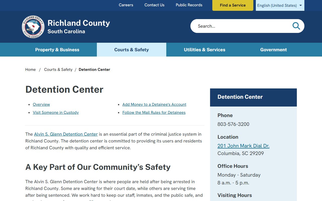 Richland County Detention Center page for booking releases