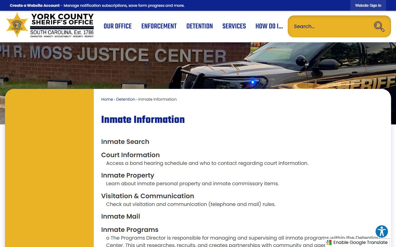York County inmate information page for booking releases