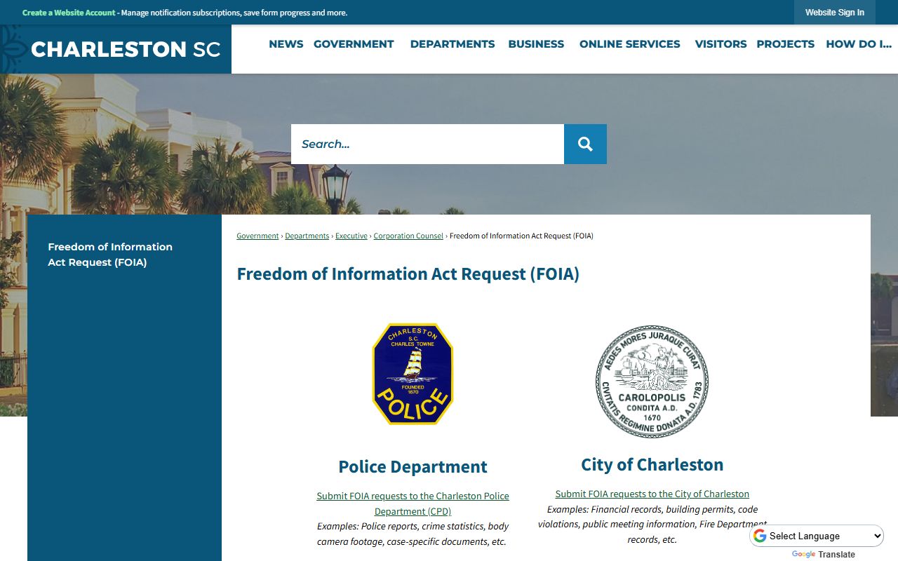 Charleston FOIA request page for South Carolina booking releases