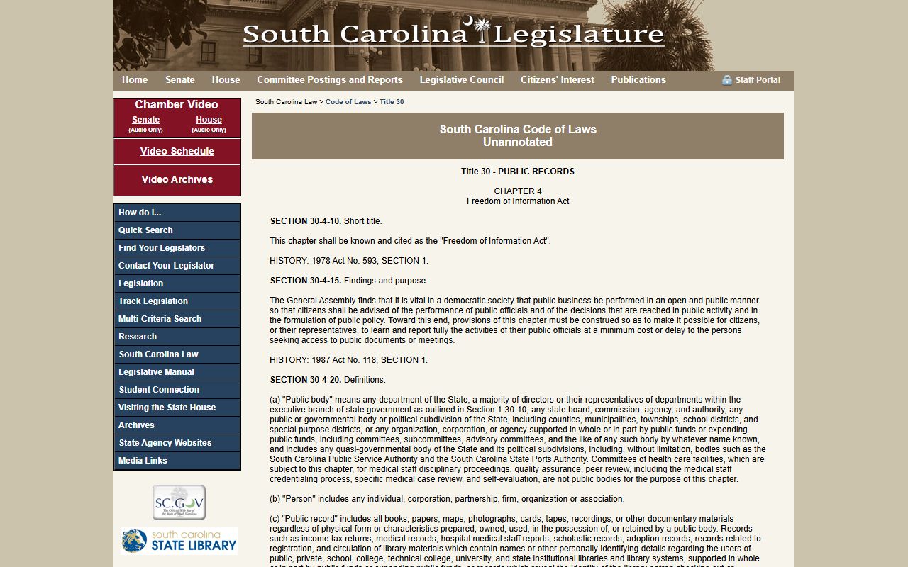 South Carolina FOIA code governing booking releases and public records