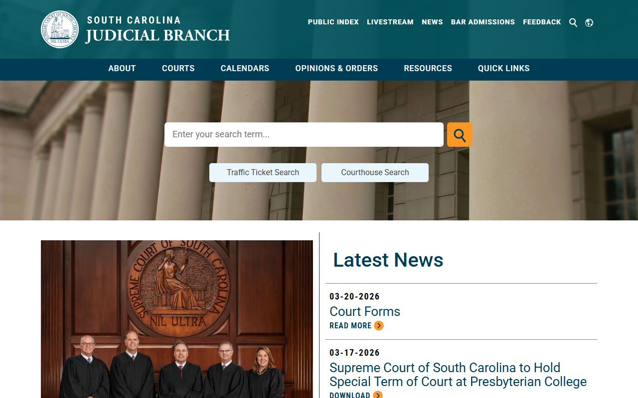 South Carolina Judicial Branch case search for booking releases and court records