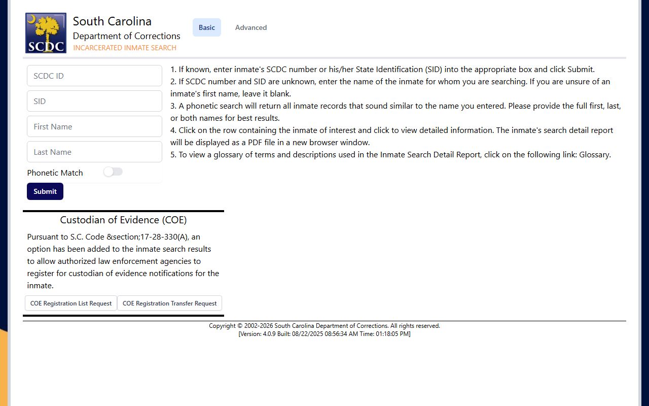 SCDC public inmate search portal for South Carolina booking releases lookup
