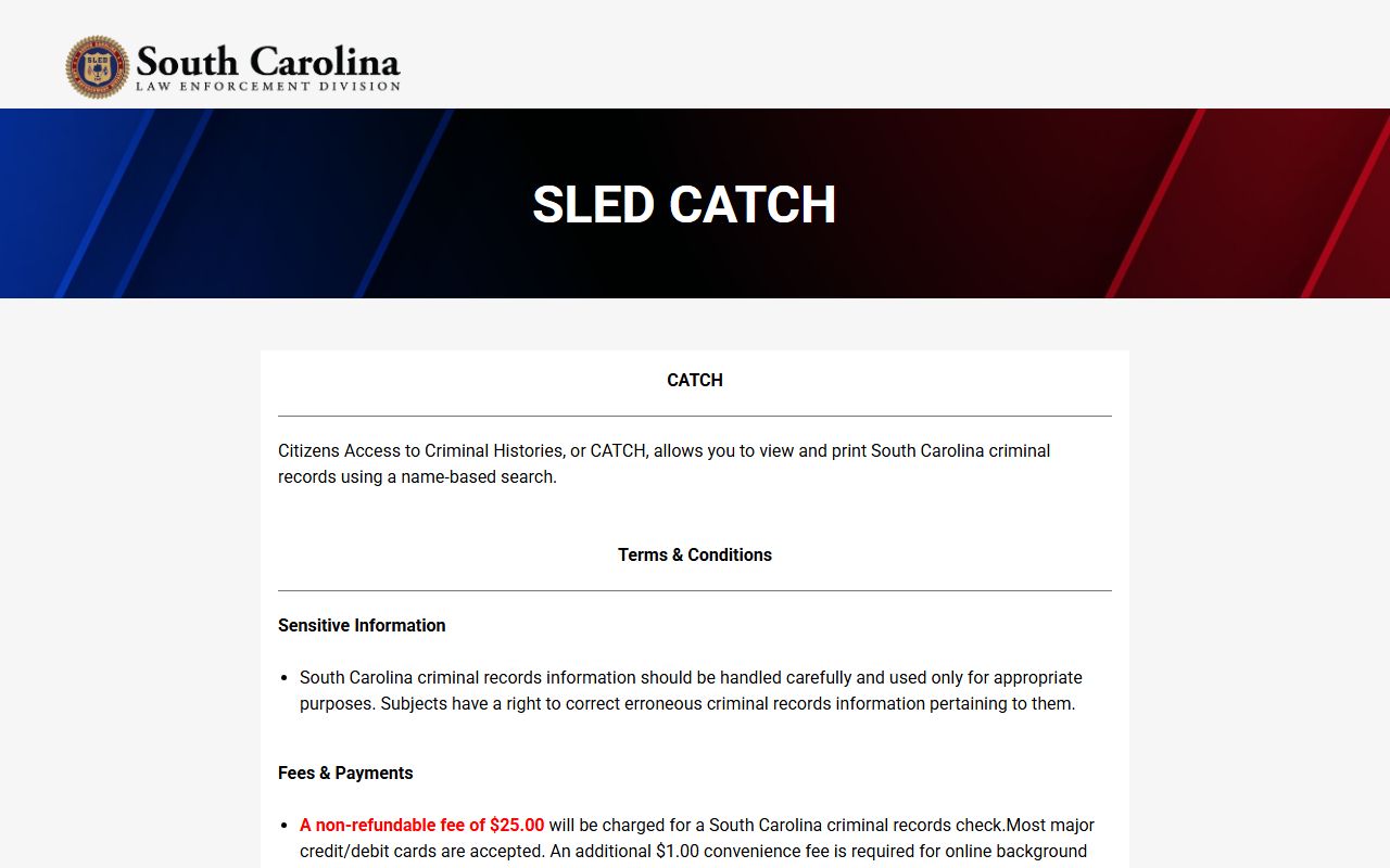 SLED CATCH criminal records search for South Carolina booking releases